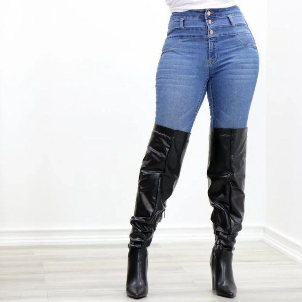 Black Synthetic Leather Thigh High Trendy Boots - Picture 5 of 15